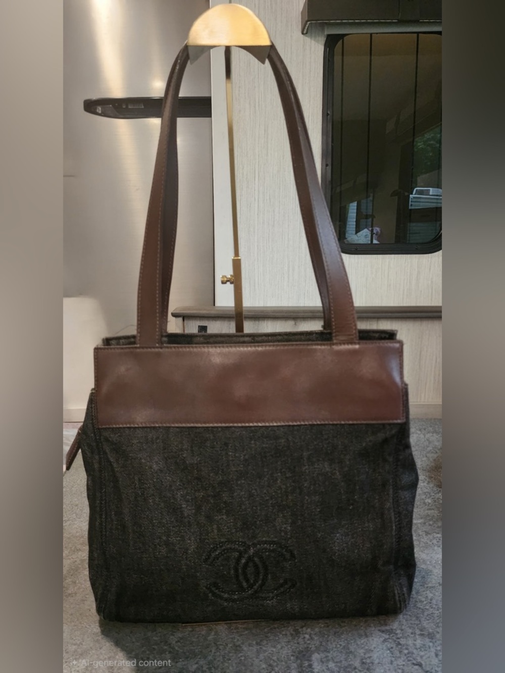 CHANEL Brown Leather-Trim Black Denim Messenger Tote